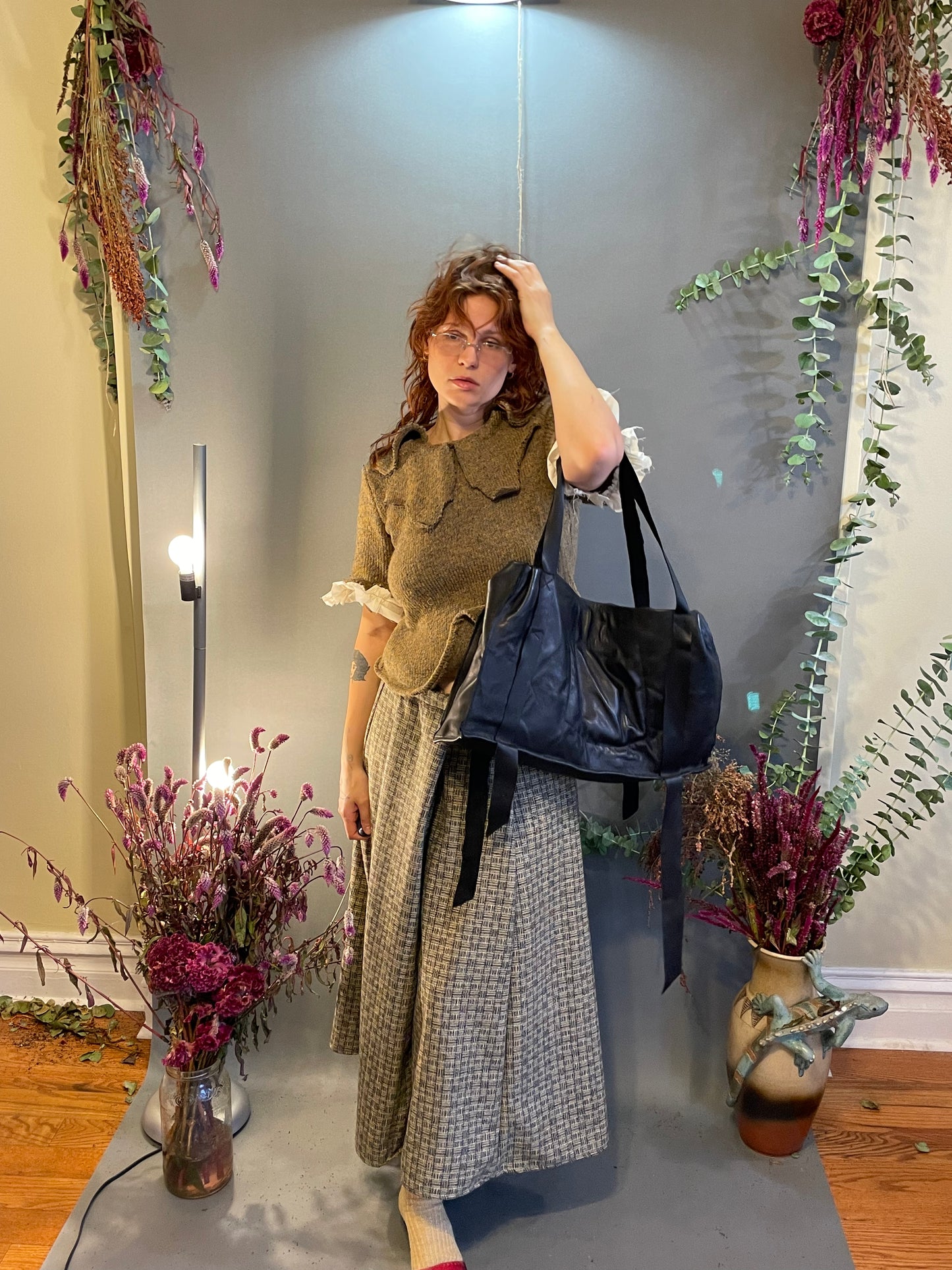 Mustard wool top with collar and muslin sleeves