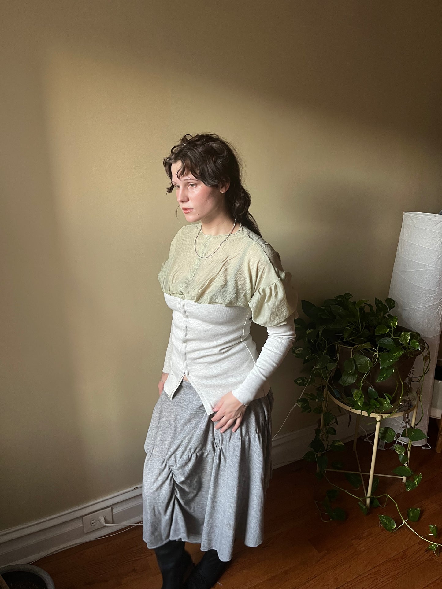 Hammered silk top with silver clasps